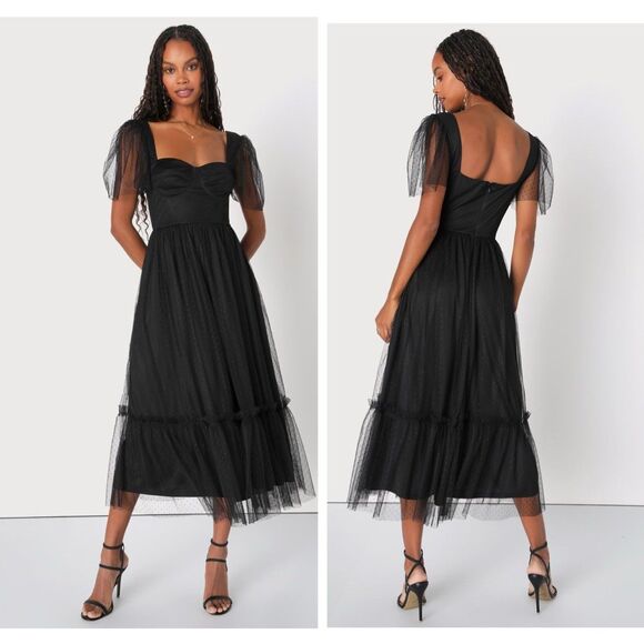 Lulus Dreamy Celebration Black Tulle Bustier Swiss Dot Midi Dress M Whimsigoth - Picture 1 of 9